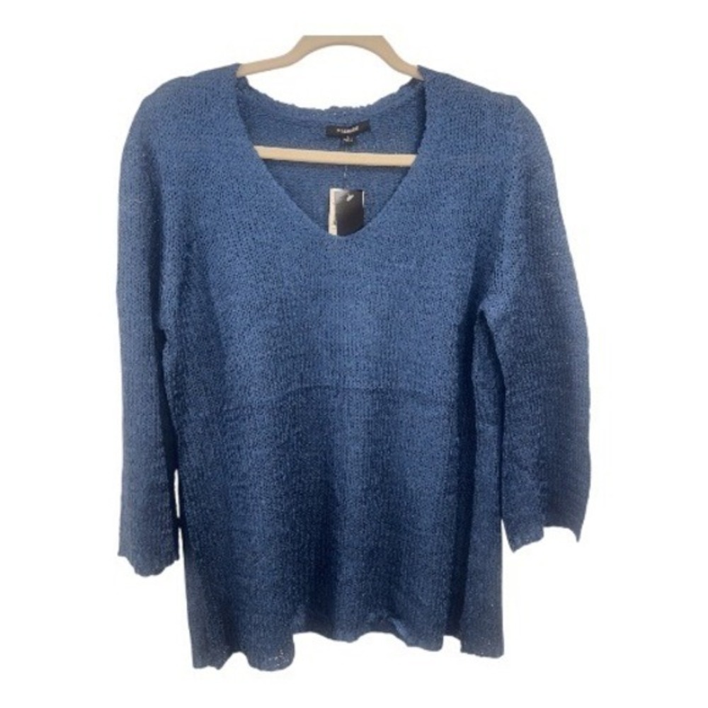 Premise Blue Knit V Neck 3/4 Sleeve Sweater Top Women's Size L